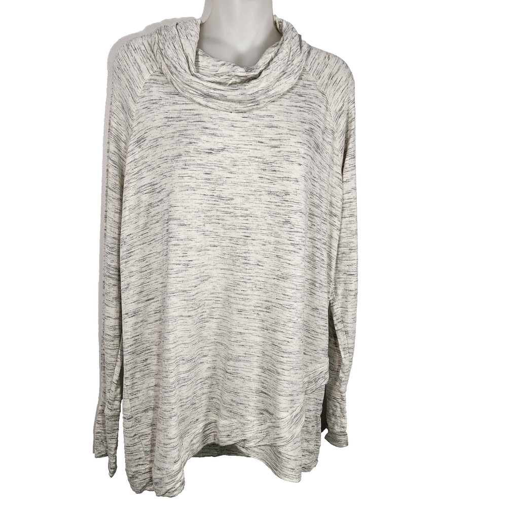 Eliane Rose Women Cowl Neck Top Pullover Heathered White Gray Thumb Hole Tulip L